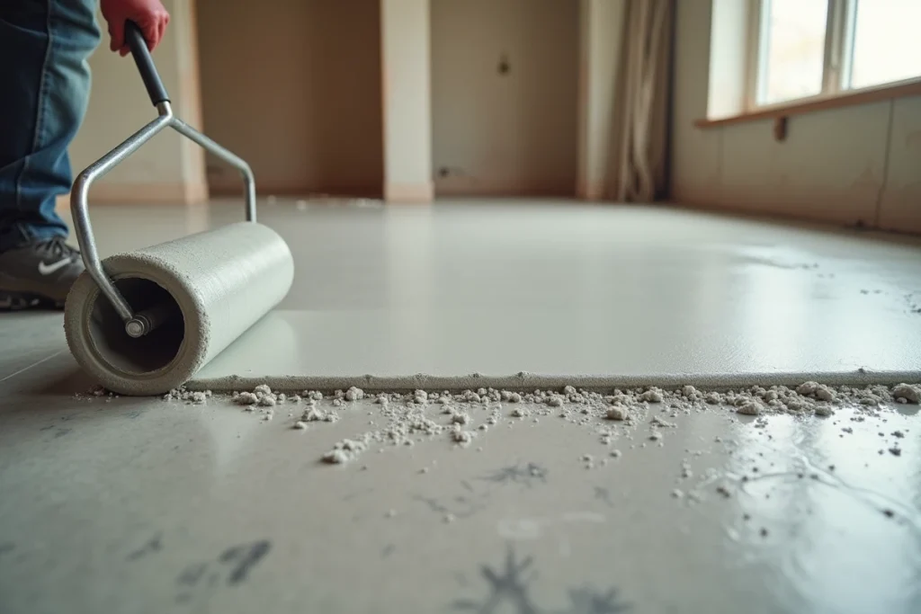 Gros plan sur une chape autolissante fraîchement coulée avec rouleau débulleur sur sol béton
