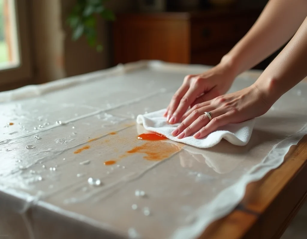 Gros plan sur une toile cirée transparente anti-taches sur table en bois rustique, avec des gouttes d'eau et une tache de sauce essuyée
