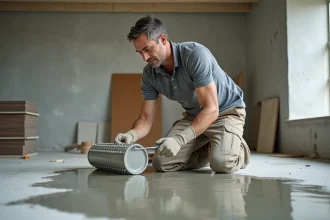 Artisan versant un ragréage autonivelant sur un sol en béton brut lors d'une rénovation intérieure
