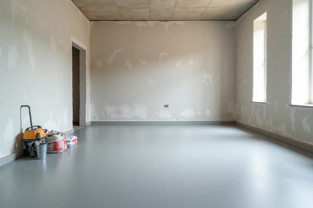 Sol ragréé autonivelant parfaitement lisse et prêt à recevoir un revêtement dans une pièce en rénovation
