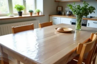 Toile cirée épaisse transparente posée sur une table en bois massif dans une cuisine scandinave, protégeant le grain naturel du chêne
