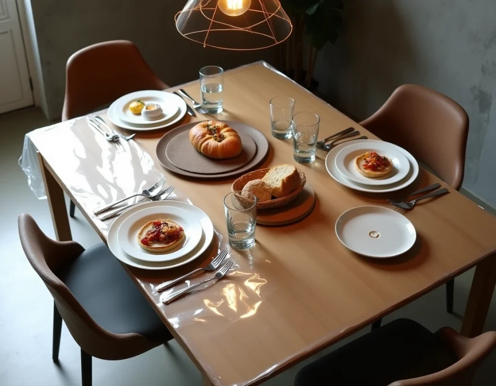Table à manger en bois protégée par une toile cirée transparente épaisse dans un appartement moderne, avec repas de famille posé dessus