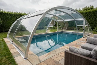 Abri de piscine rétractable en polycarbonate installé sur une piscine résidentielle avec terrasse en pierre et jardin paysager