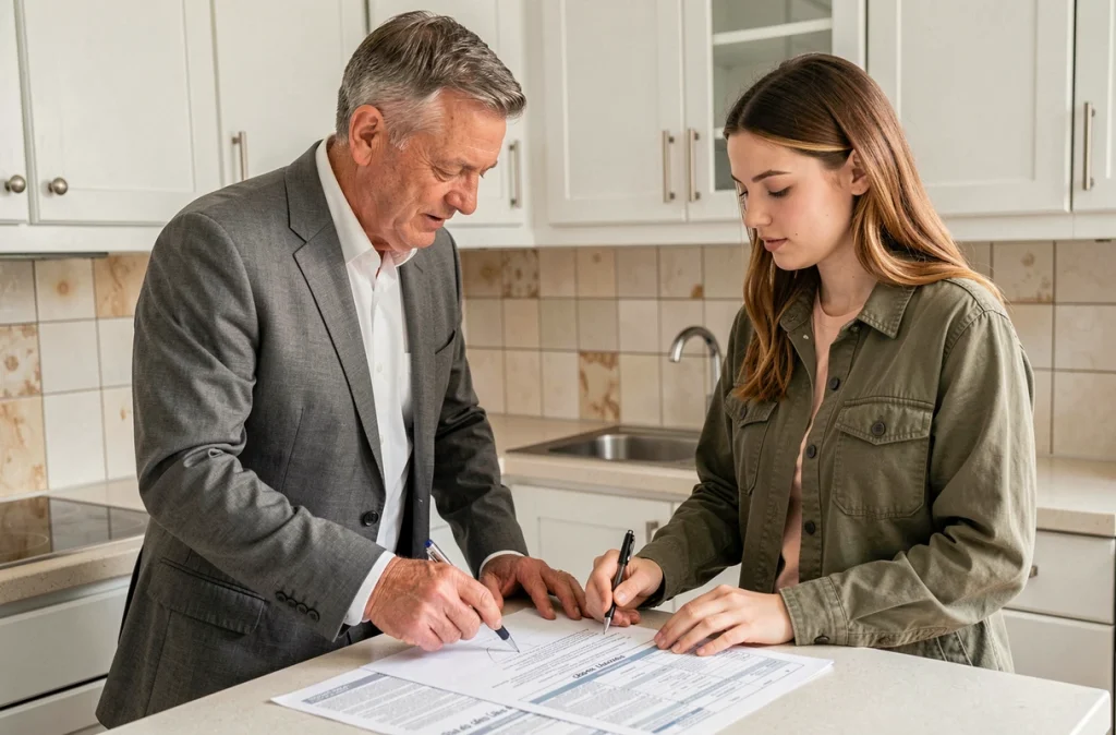 Agent immobilier et locataire examinant ensemble le document d'état des lieux de sortie dans une cuisine