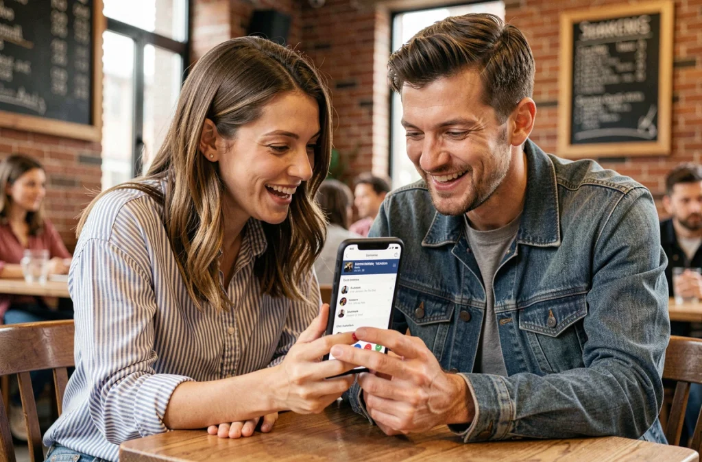 Deux amis discutant de recommandations de films sur smartphone dans un café urbain