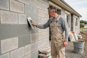 Artisan en autoconstruction appliquant un enduit sur un mur en parpaings avec une taloche, en extérieur sur chantier