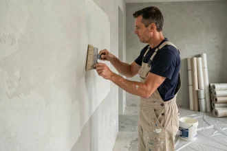 Poseur professionnel appliquant de la toile de verre sur un mur en cours de rénovation intérieure