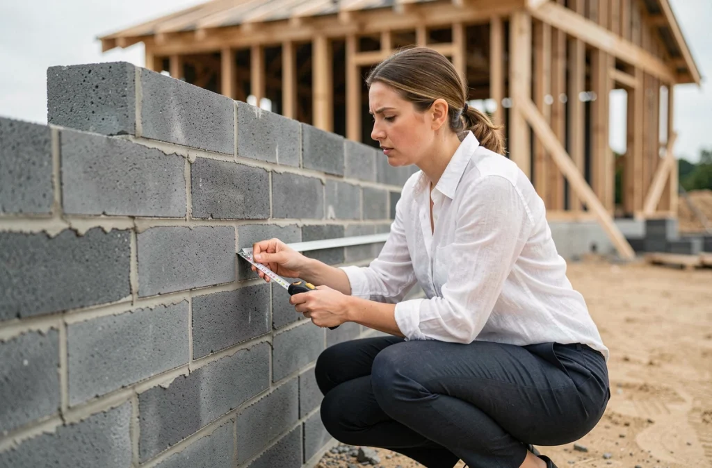 Architecte mesurant les dimensions d'un mur en parpaings sur un chantier résidentiel