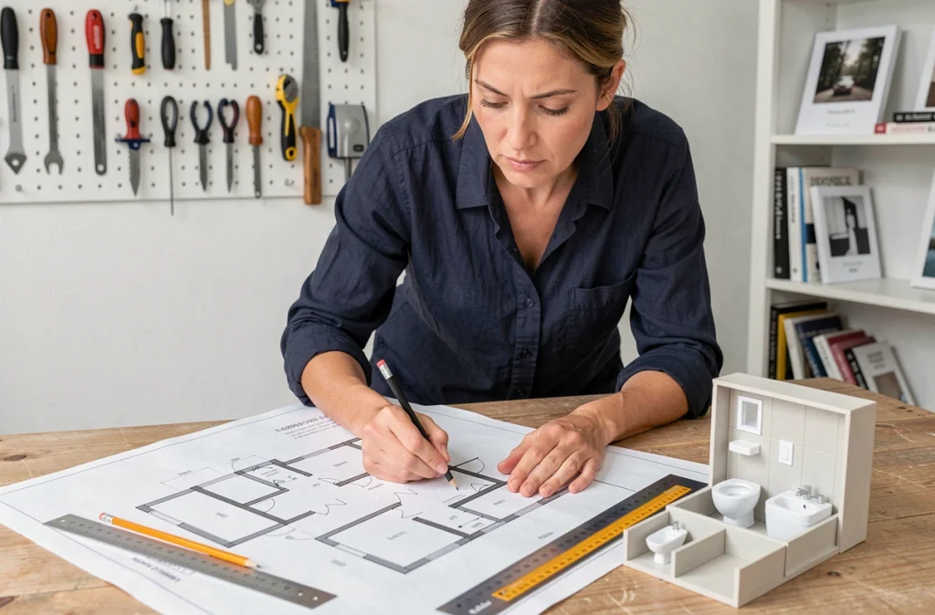 Architecte étudiant un plan de salle de bain avec règle et maquette de sanitaires sur une table de travail, illustrant la réflexion sur les surfaces et dimensions idéales
