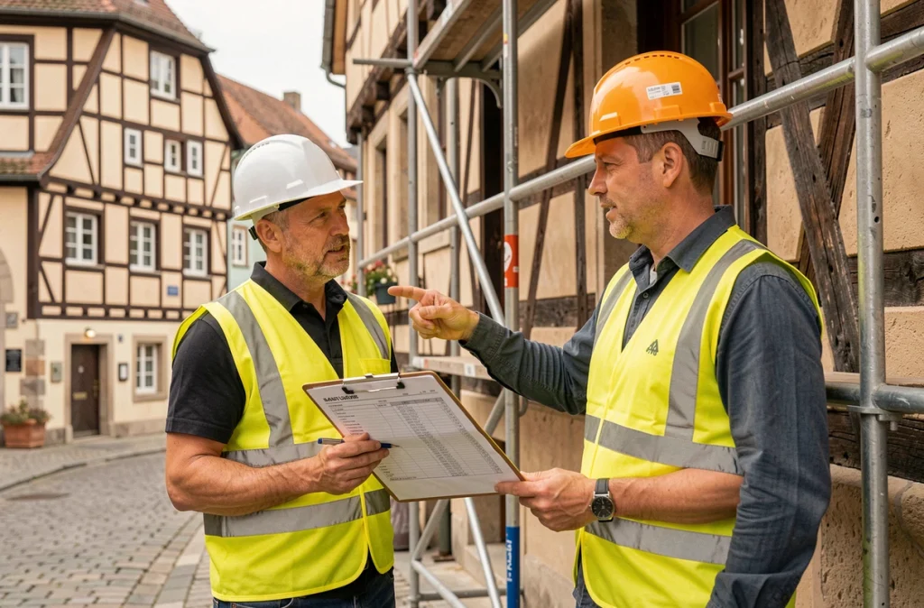 Deux artisans examinant un devis de rénovation devant une maison à colombages à Strasbourg
