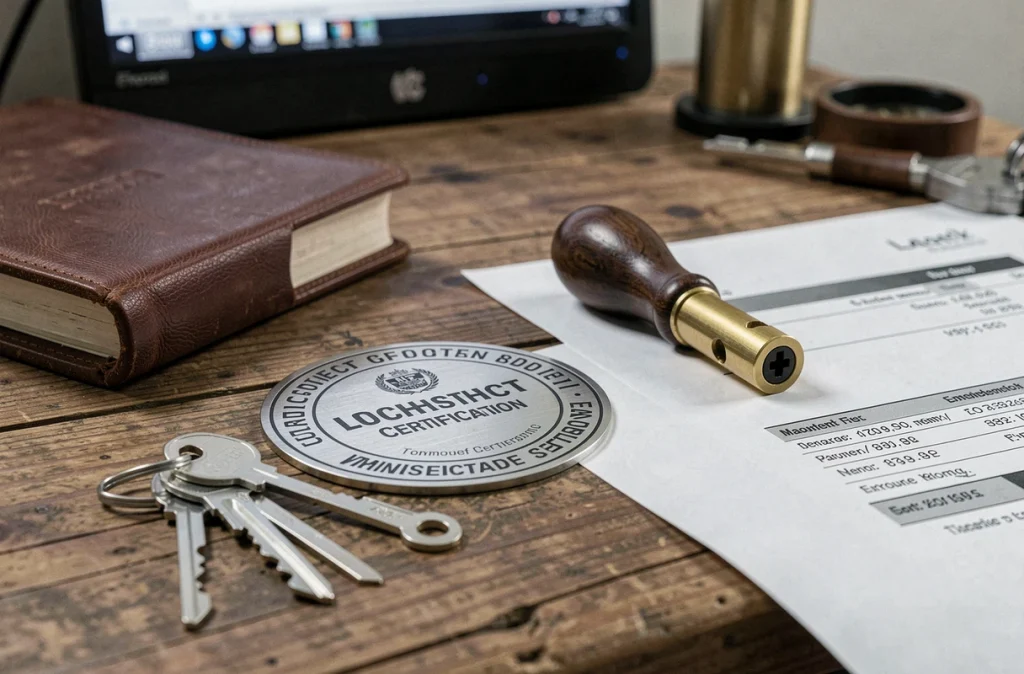 Gros plan sur un badge de certification de serrurier posé sur un bureau professionnel avec des outils de métier