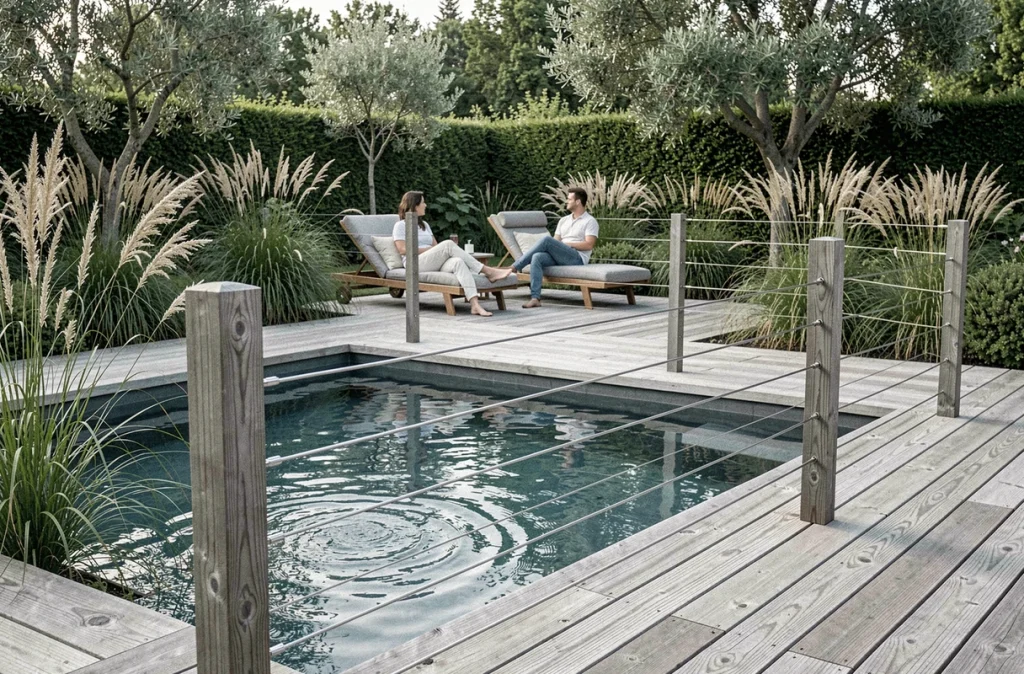 Barrière de piscine discrète en câbles inox tendus sur terrasse en bois avec couple détendant au bord de la piscine
