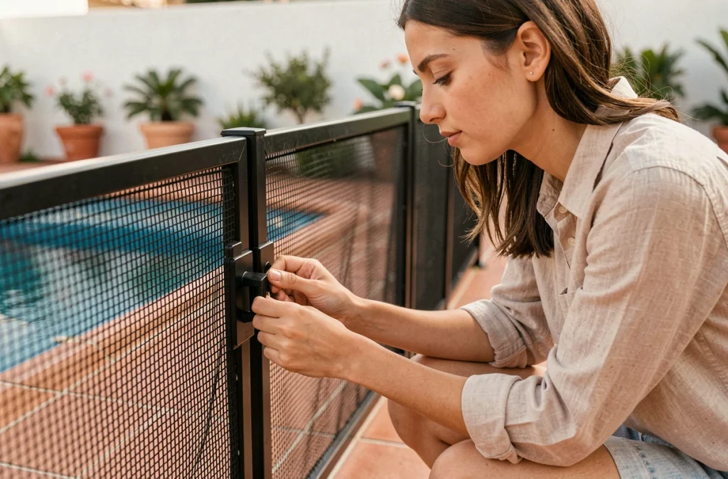Femme inspectant le loquet d'une barrière de sécurité de piscine en aluminium noir avec fermeture automatique