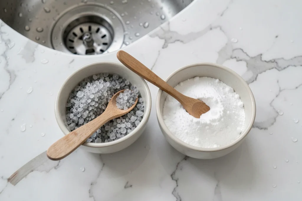 Bicarbonate de soude et gros sel dans des bols sur un plan de travail en marbre pour déboucher un évier