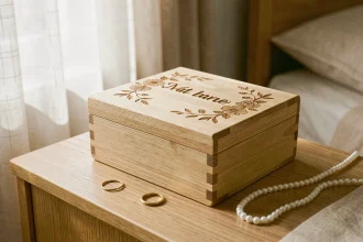 Boîte à bijoux en bois personnalisée avec inscription cursive et motifs floraux gravés posée sur une commode en chêne