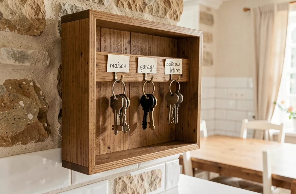 Boîte à clés murale en bois contenant des doubles de clés étiquetés dans une cuisine rustique française