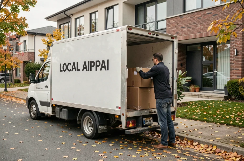 Camion de déménagement local garé devant une maison en automne avec un déménageur chargeant des cartons