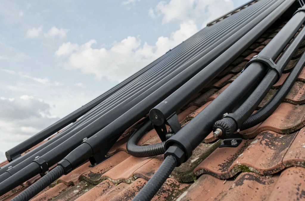 Capteurs solaires thermiques installés sur un toit en tuiles pour le chauffage d'une piscine extérieure