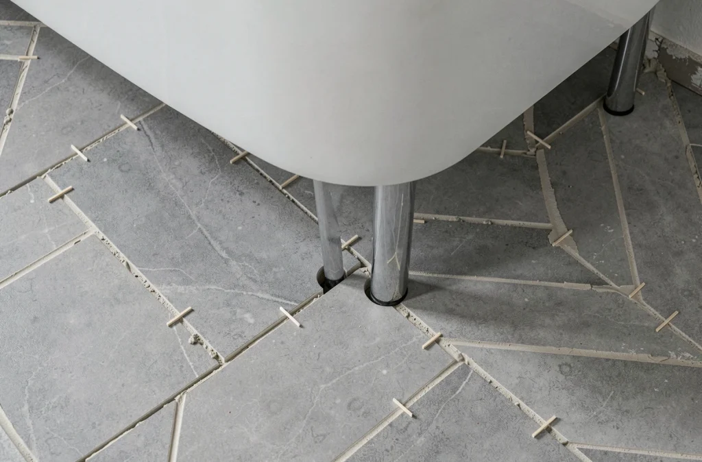 Détail du carrelage en chevron coupé avec précision autour du pied d'un meuble vasque de salle de bain