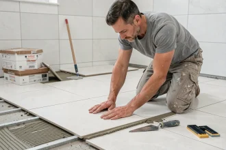 Carreleur professionnel posant du grand format en porcelaine lors d'une rénovation de salle de bain en 2026