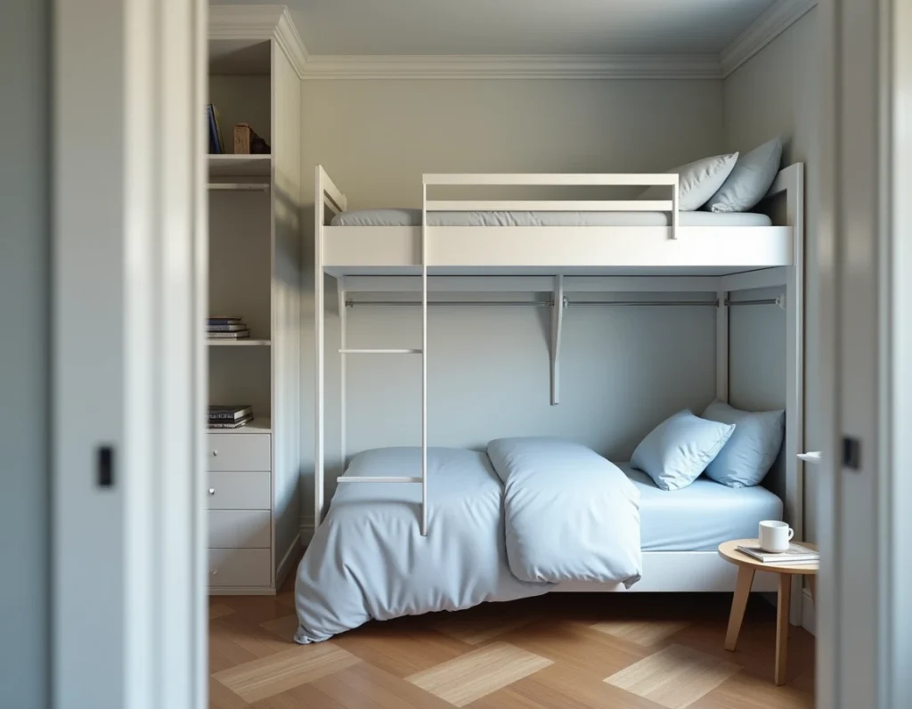 Petite chambre modulable avec lit mezzanine, tiroirs intégrés et dressing ouvert pour maximiser l'espace d'une pièce exiguë