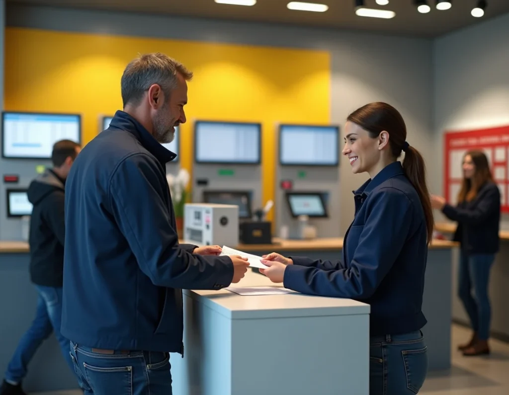 Homme déposant un formulaire de changement d'adresse dans un bureau de poste français