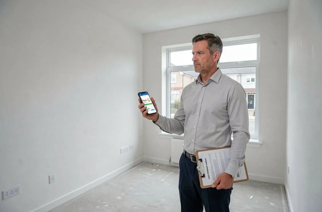 Homme consultant son téléphone pour changer de fournisseur d'énergie dans un appartement vide