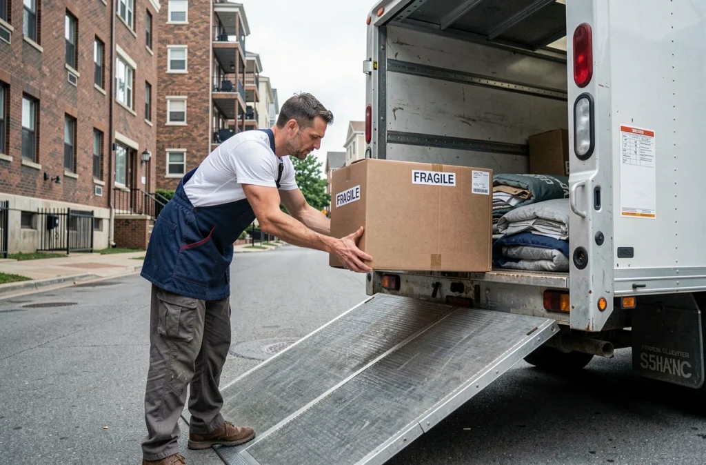 Homme chargeant des cartons fragiles dans un camion de déménagement dans une rue urbaine