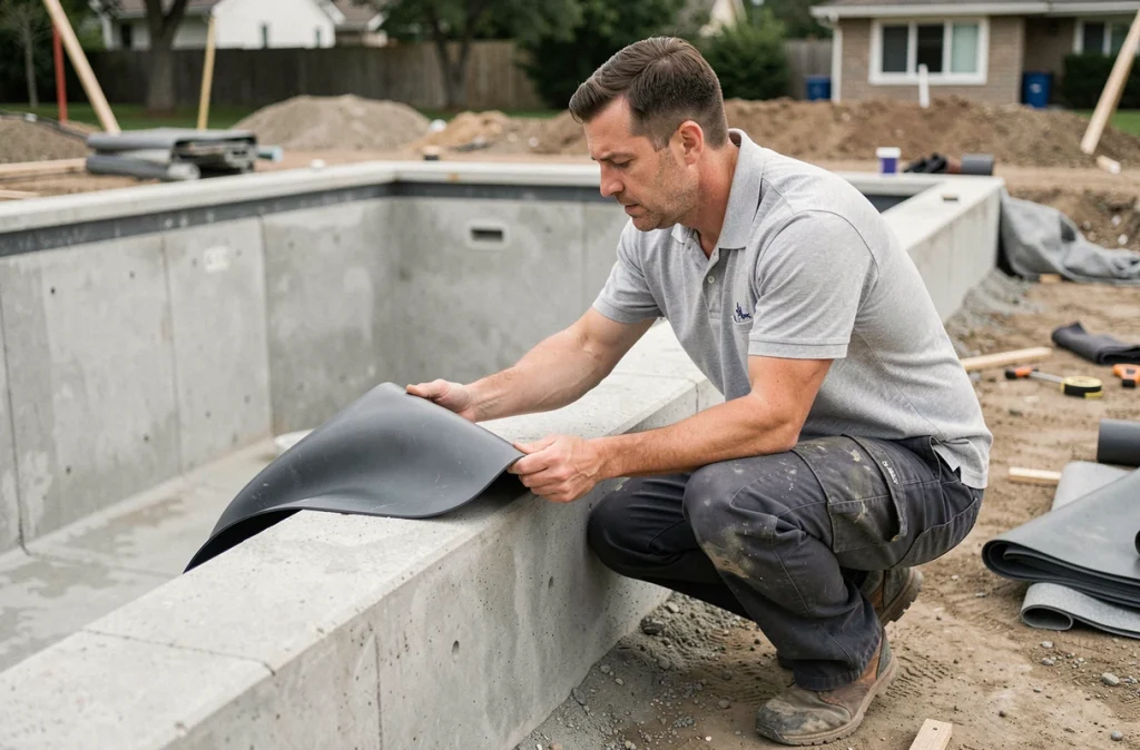 Professionnel examinant des échantillons de liner PVC pour une piscine enterrée en construction