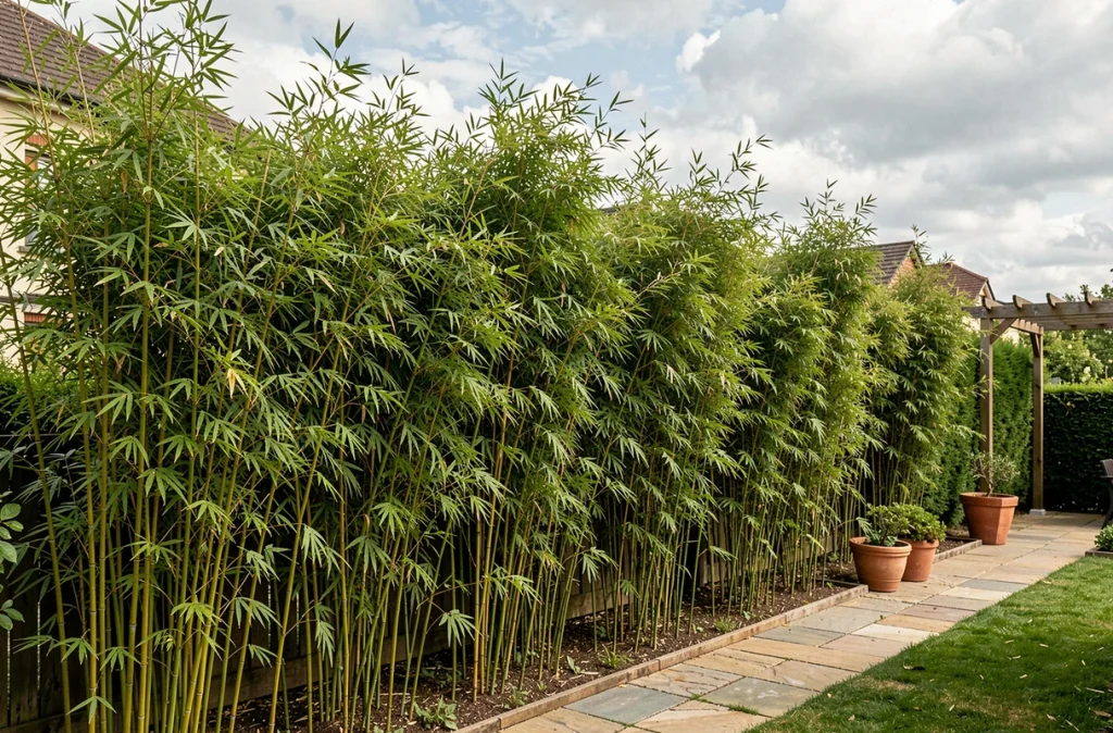 Haie de bambous dense formant une clôture naturelle et esthétique pour préserver l'intimité d'un jardin résidentiel