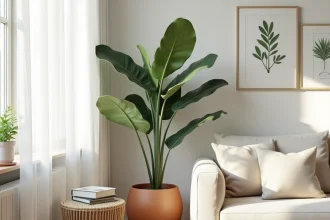 Coin salon scandinave avec un grand ficus lyrata dans un pot en terre cuite et canapé en lin, décoration intérieure structurée par les plantes