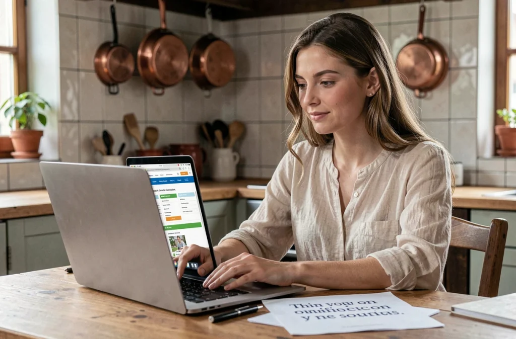 Femme consultant un site de comparaison de devis travaux en ligne depuis son domicile à Strasbourg