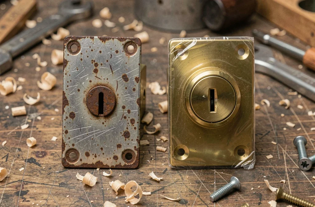 Comparaison entre une ancienne serrure rouillée et une nouvelle serrure sur un établi