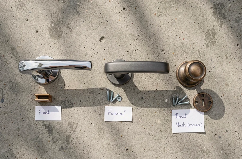 Comparaison de trois styles de poignées de porte en flat lay sur béton, chrome, gunmetal et bronze antique pour porte d'entrée
