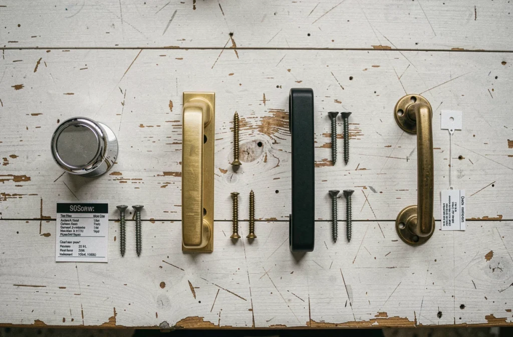 Comparaison de quatre styles de poignées de porte disposées en flat lay sur une table en bois d'atelier — chrome, or brossé, noir mat et laiton vintage