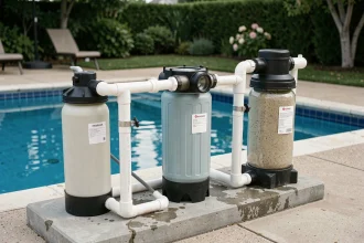 Comparaison de trois systèmes de filtration de piscine côte à côte : filtre à sable, filtre à cartouche et filtre à diatomées installés près d'une piscine résidentielle