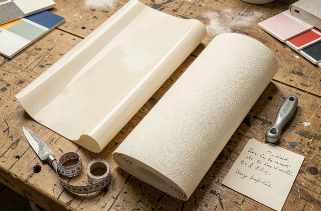 Comparaison côte à côte d'un échantillon de toile enduite et de toile de verre sur un établi de décorateur