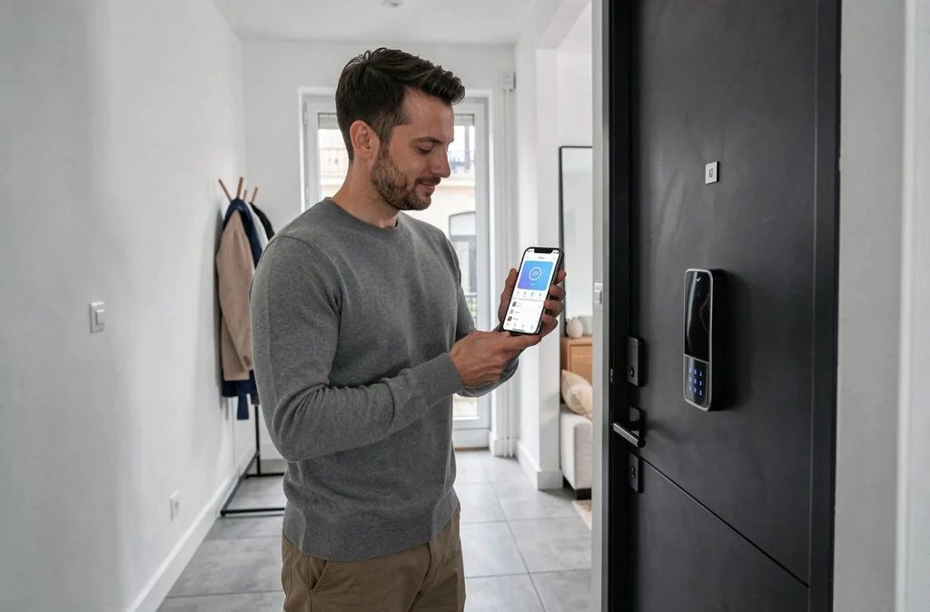 Homme contrôlant sa serrure connectée depuis une application smartphone dans un appartement parisien
