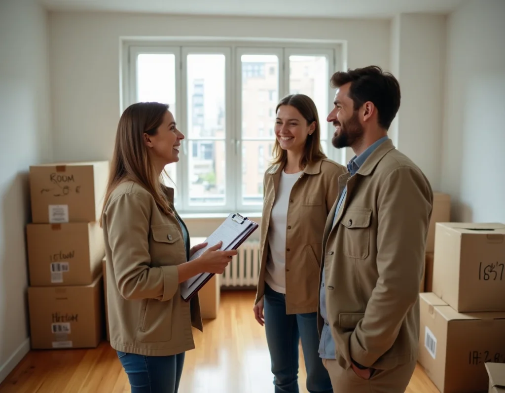 Coordinatrice d'entreprise de déménagement locale conseillant un jeune couple dans un appartement avec des cartons