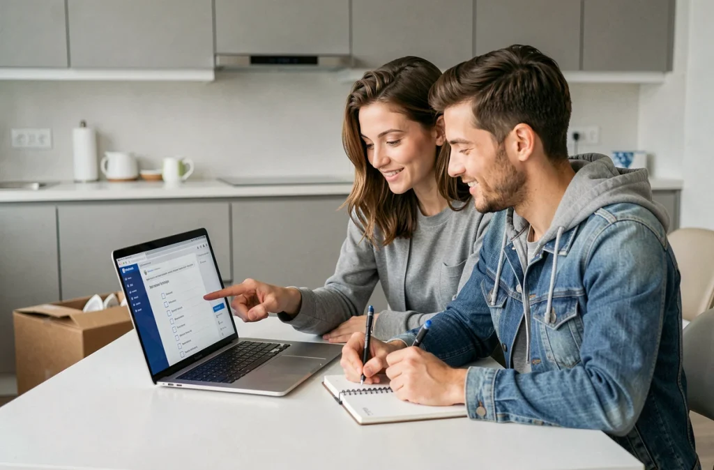 Couple consultant un service de transfert de courrier en ligne dans leur nouvel appartement après déménagement
