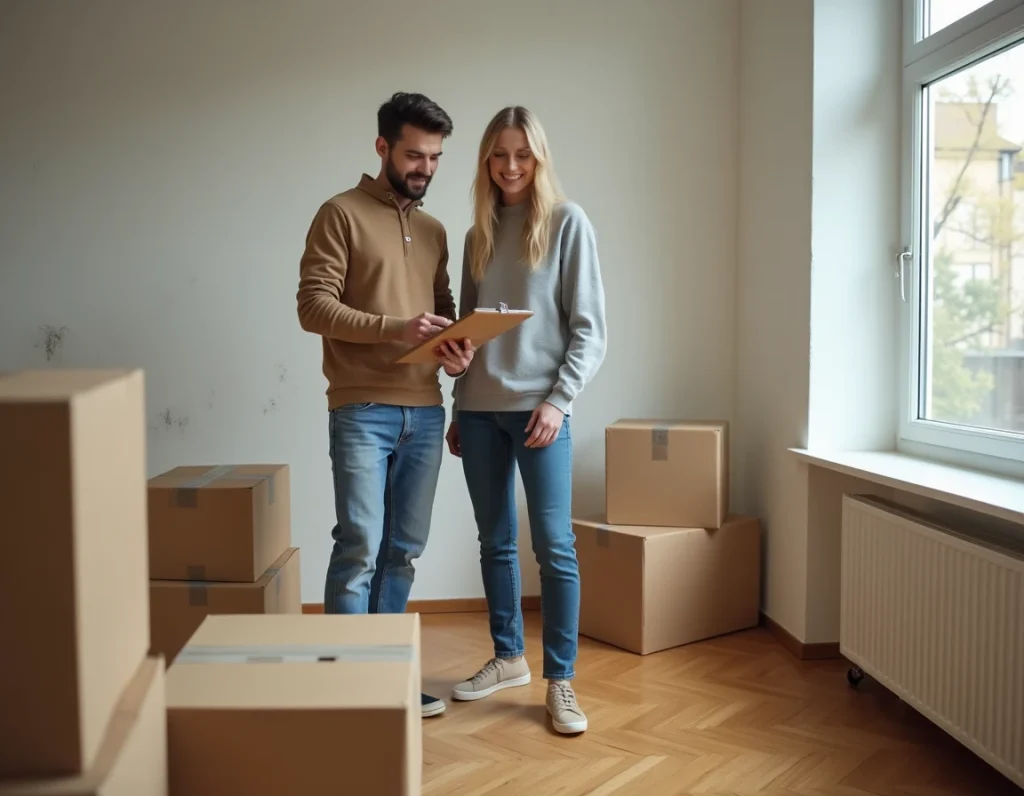 Couple vérifiant une liste de démarches administratives dans un appartement vide lors d'un déménagement