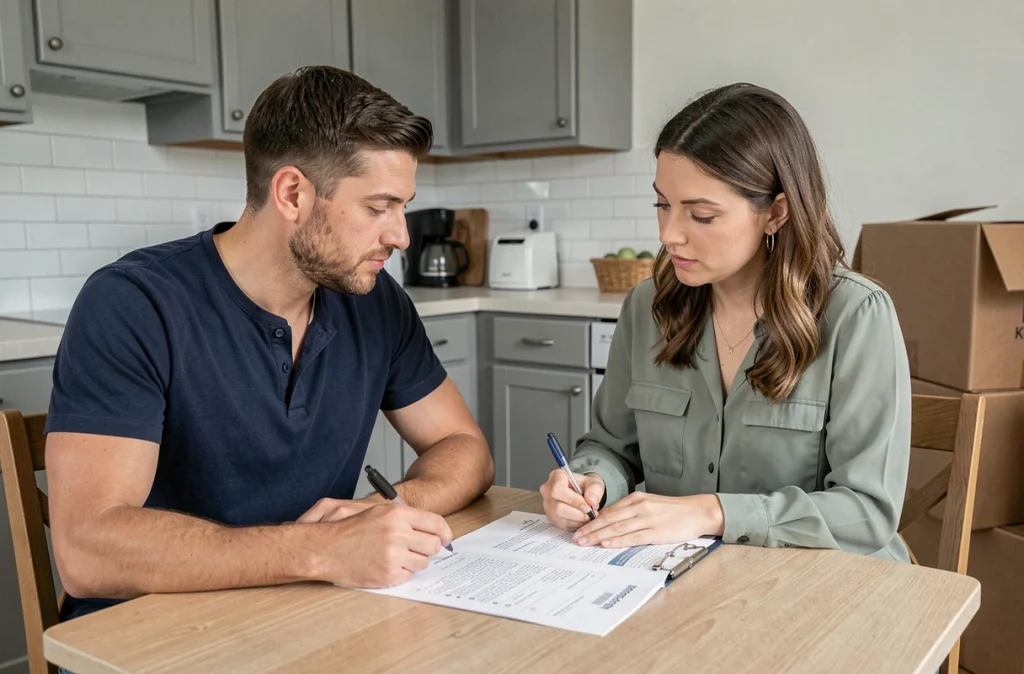 Couple consultant une liste de sécurité dans leur cuisine lors de leur installation dans un nouveau logement avec des cartons de déménagement en arrière-plan