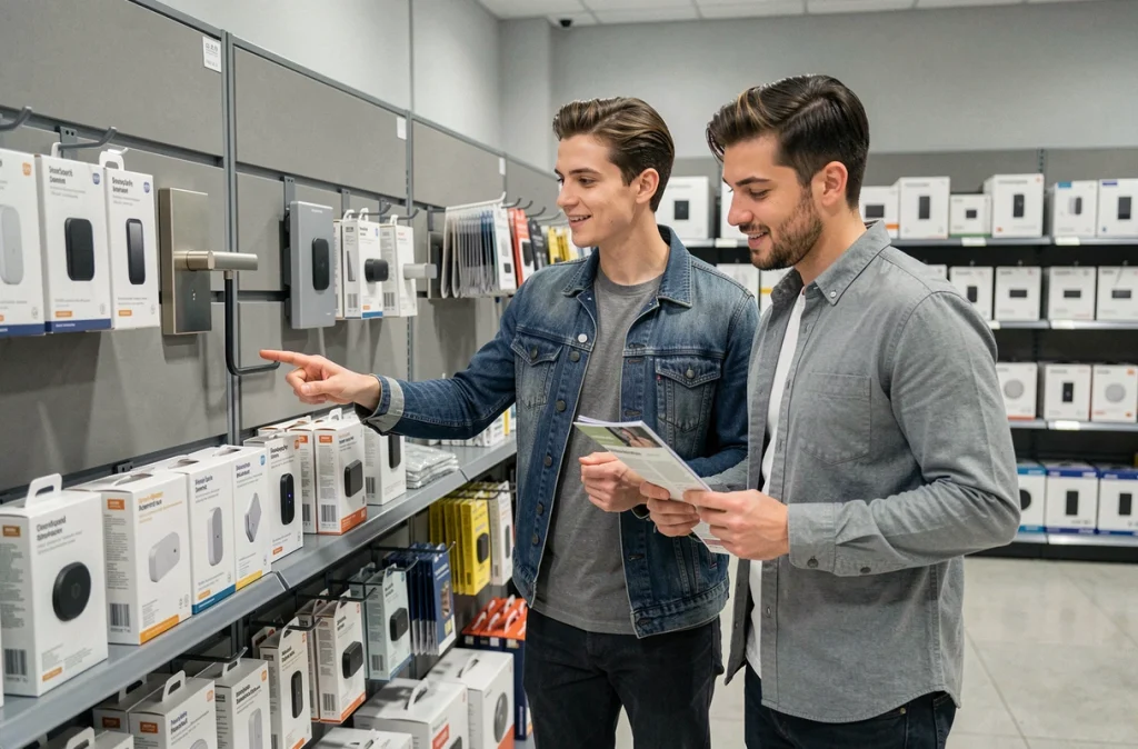 Couple choisissant une serrure connectée dans un magasin de bricolage spécialisé domotique