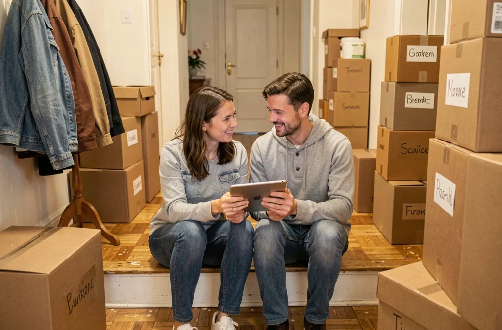 Couple comparant des offres d'énergie sur tablette le jour du déménagement