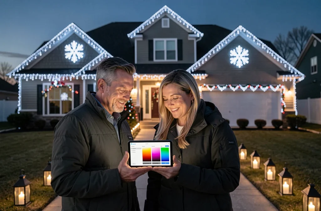 Couple pilotant l'éclairage de Noël extérieur connecté de leur maison via une tablette affichant une application domotique