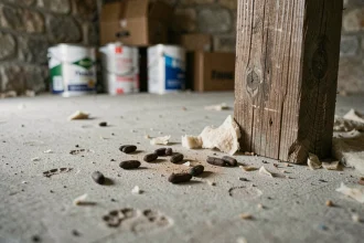 Crottes de fouine sur le sol en béton d'un garage, entourées de débris et de traces de pattes dans la poussière