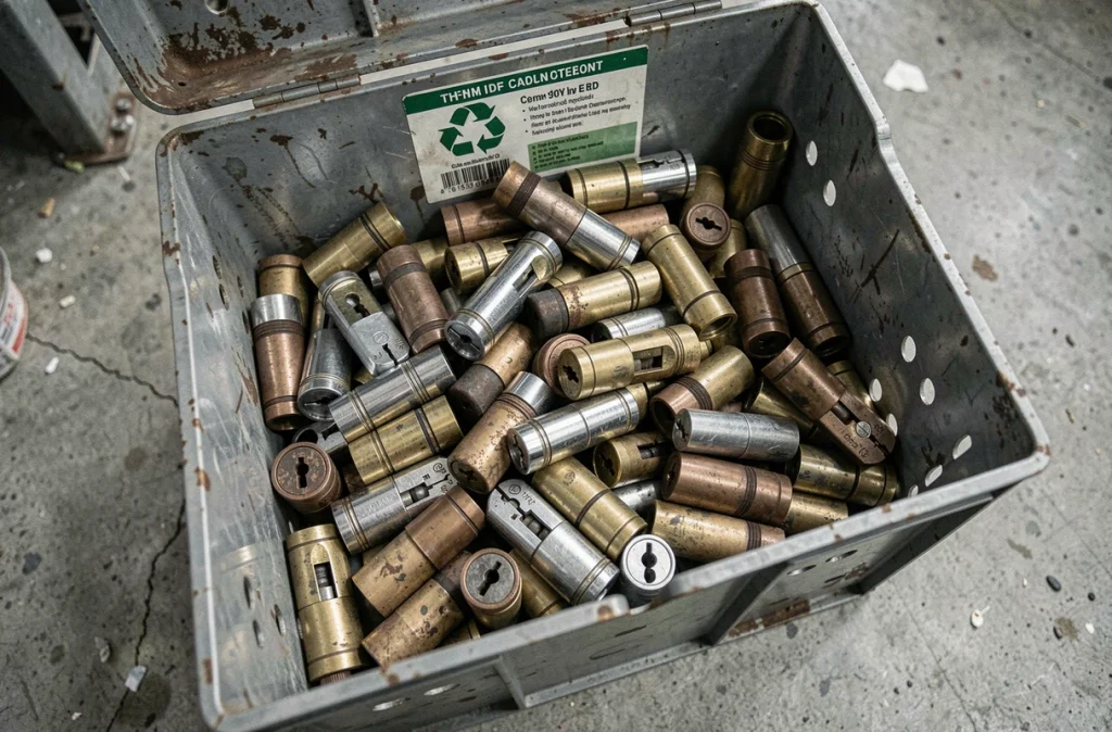 Assortiment de vieux cylindres de serrure usés en laiton et chrome dans un bac industriel de recyclage