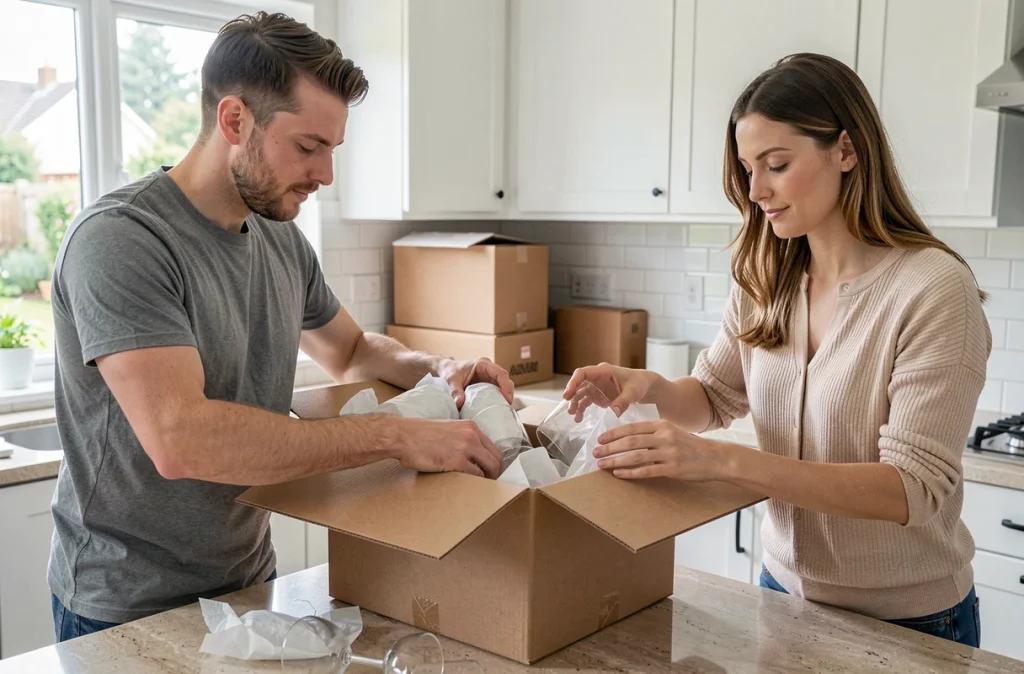 Couple déballant des verres fragiles dans une cuisine moderne après un déménagement