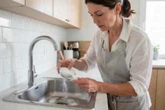 Femme versant du bicarbonate de soude dans le siphon d'un évier de cuisine bouché