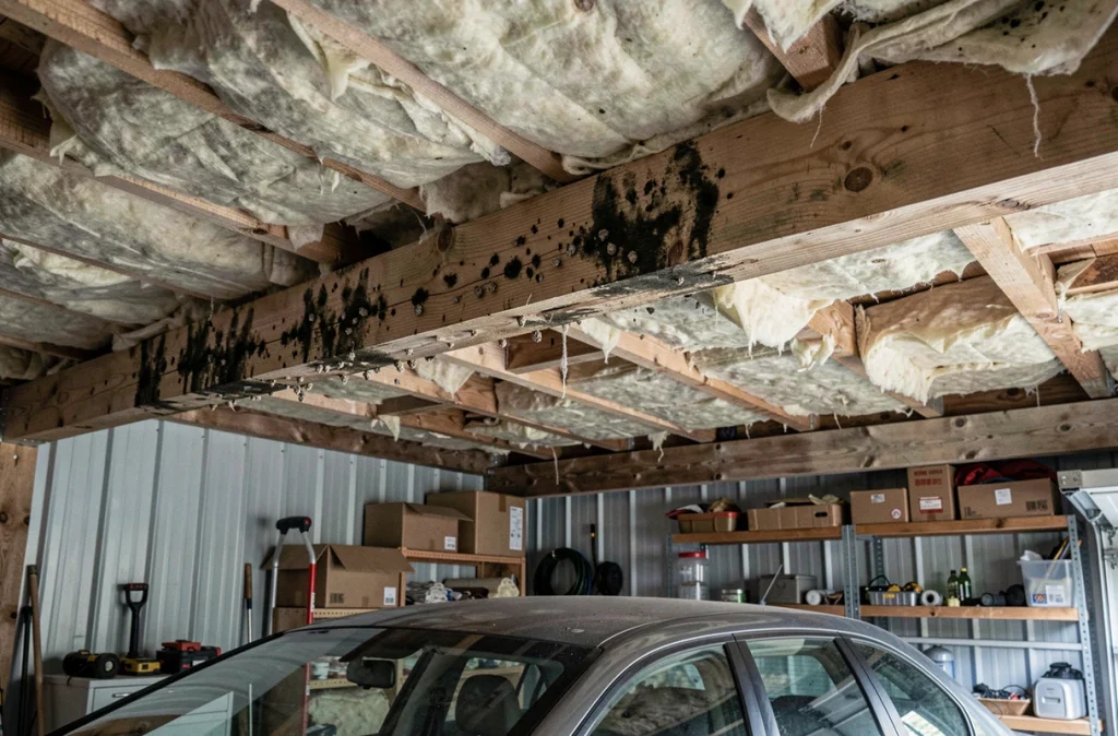 Dégâts de fouine dans les combles d'un garage avec isolant arraché et déjections visibles sur une poutre en bois